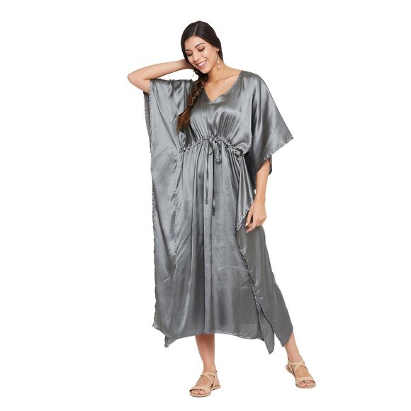 Gypsie Blu Satin Caftan Maxi Dress Grey Caftan Cover Up Dresses for Night Wear - Picture 3 of 10